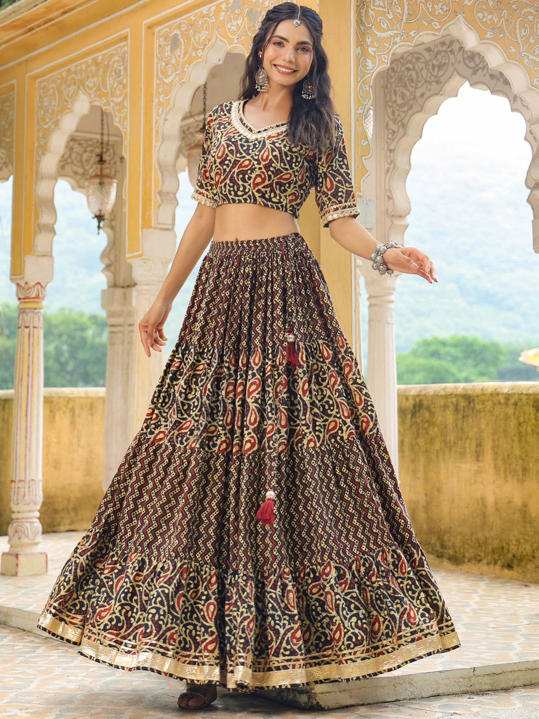 Black Pure Cotton Batik Printed Tiered Lehenga Choli Set