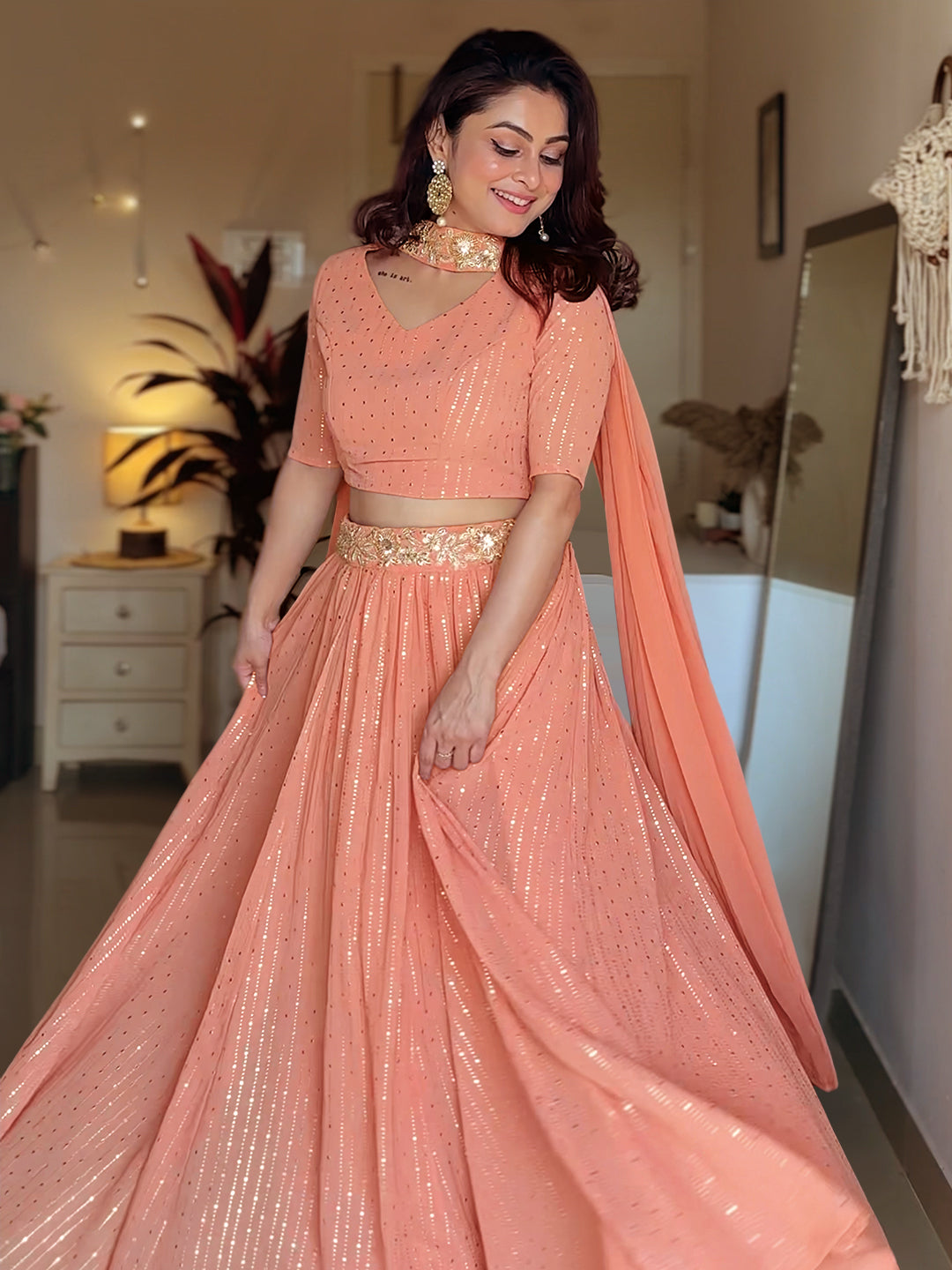 Peach Georgette Foil Printed Gathered Embellished Lehenga Choli Set