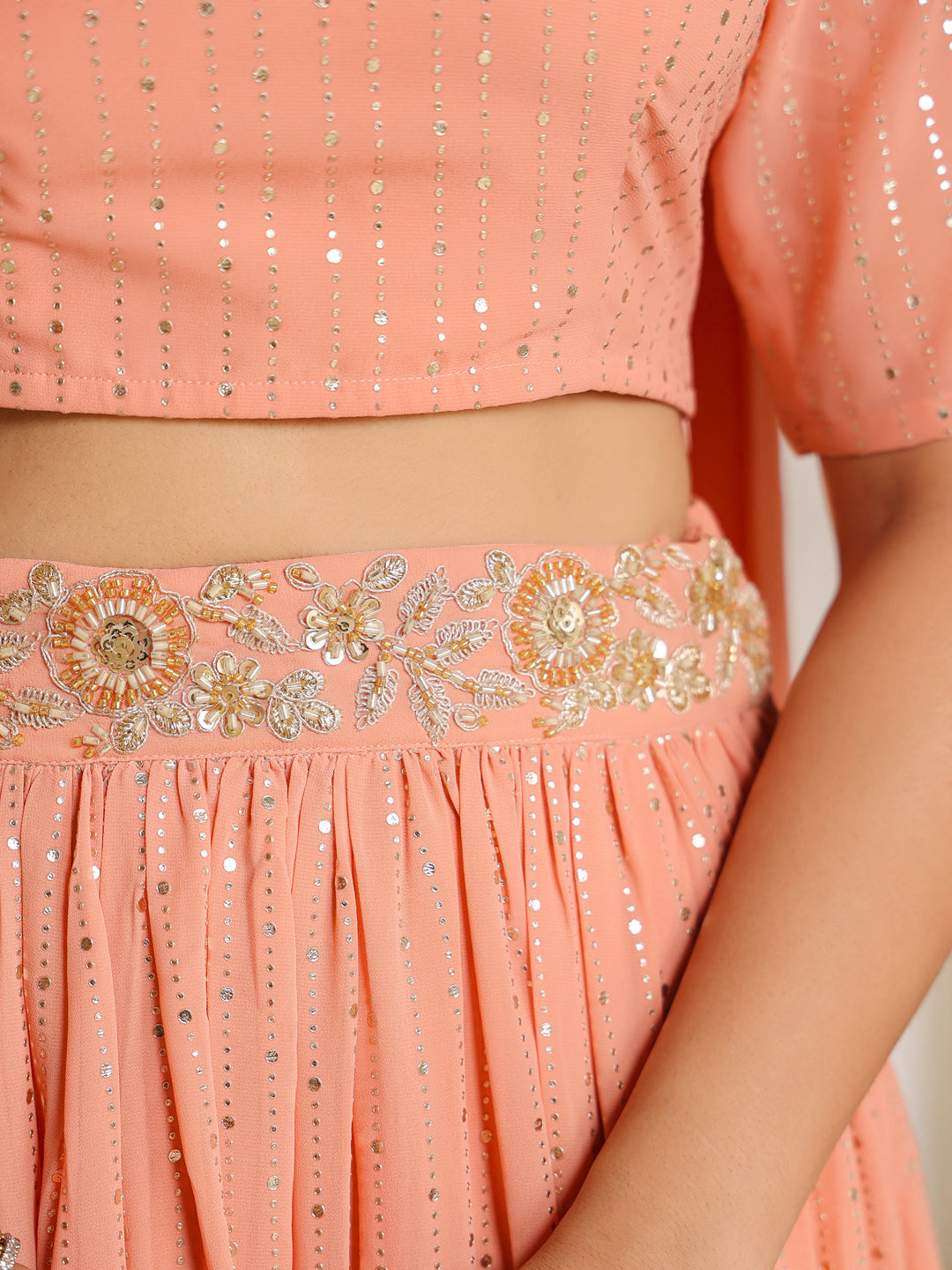 Peach Georgette Foil Printed Gathered Embellished Lehenga Choli Set