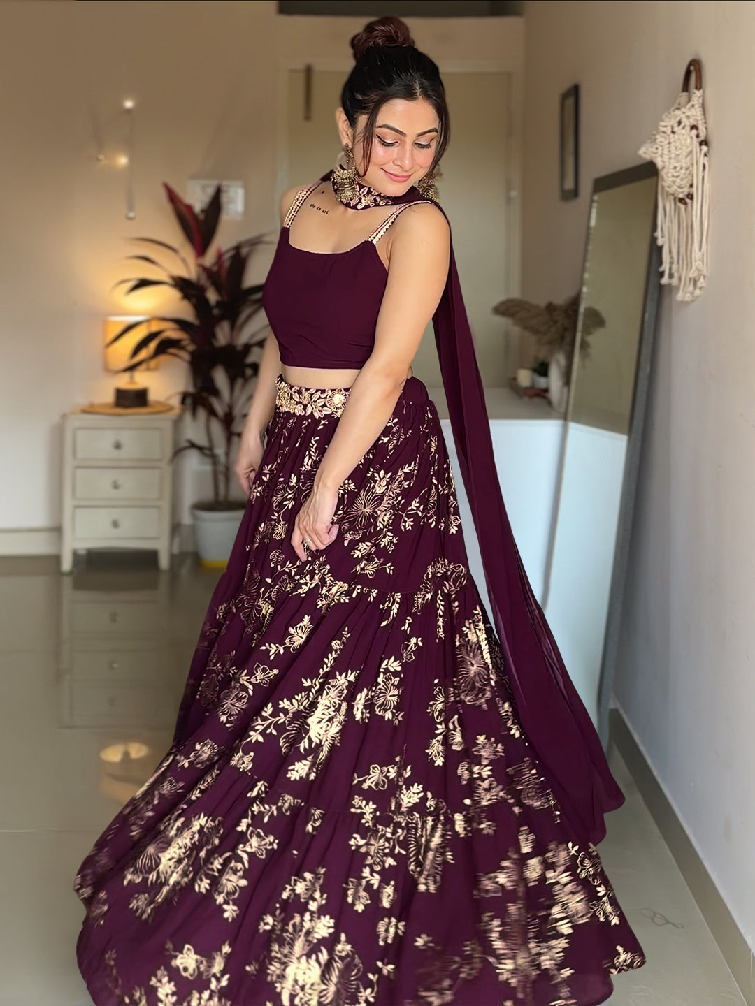 Purple Georgette Embellished Foil Printed Tiered Lehenga Choli Set