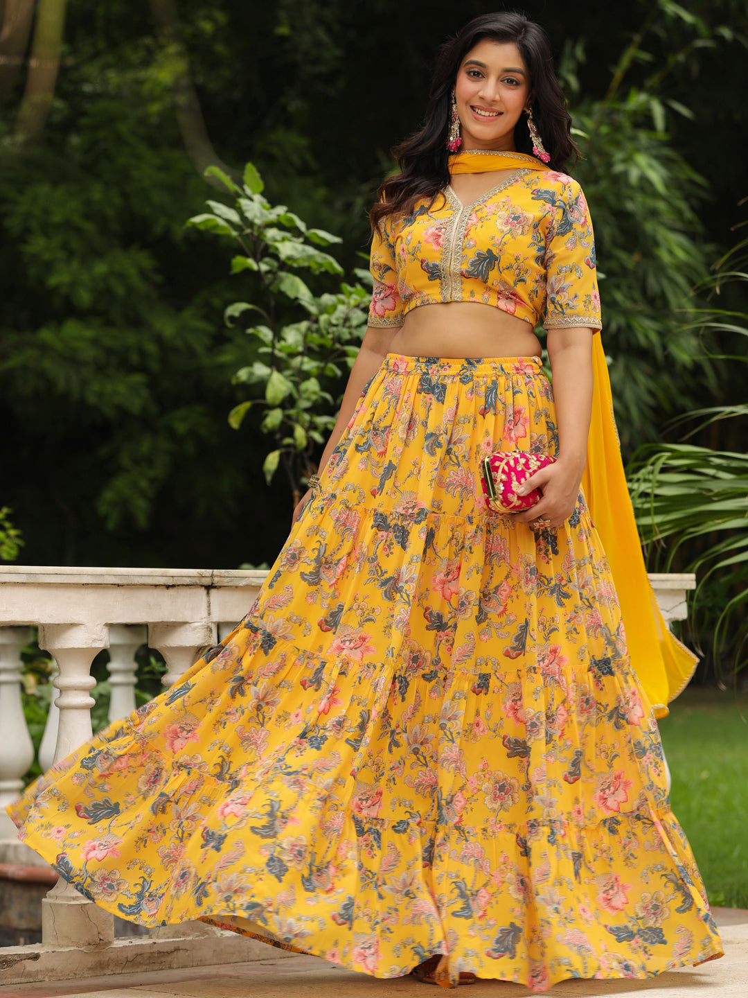 Yellow Georgette Floral Printed Tiered Lehenga Choli Set