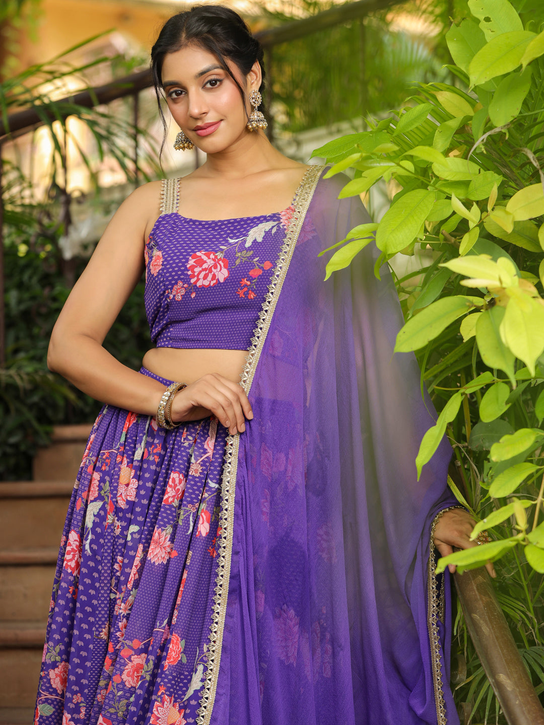 Purple Georgette Floral Printed Gathered Lehenga Choli Set