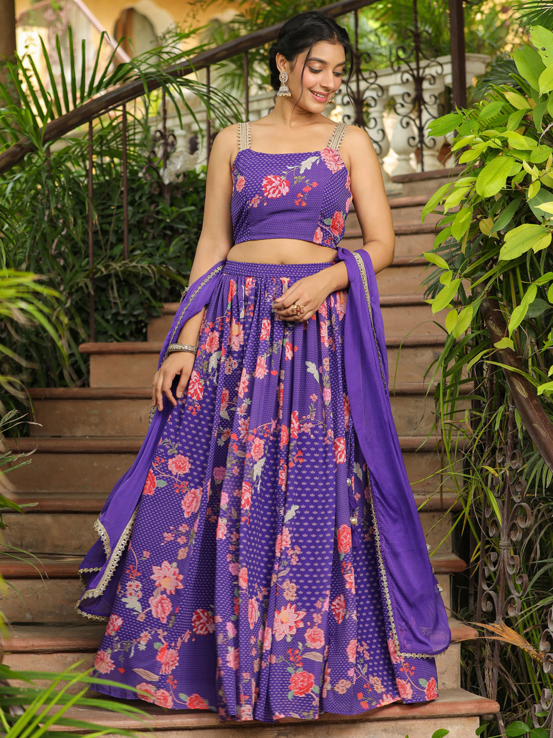 Purple Georgette Floral Printed Gathered Lehenga Choli Set