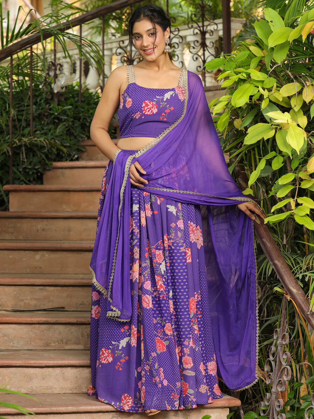 Purple Georgette Floral Printed Gathered Lehenga Choli Set