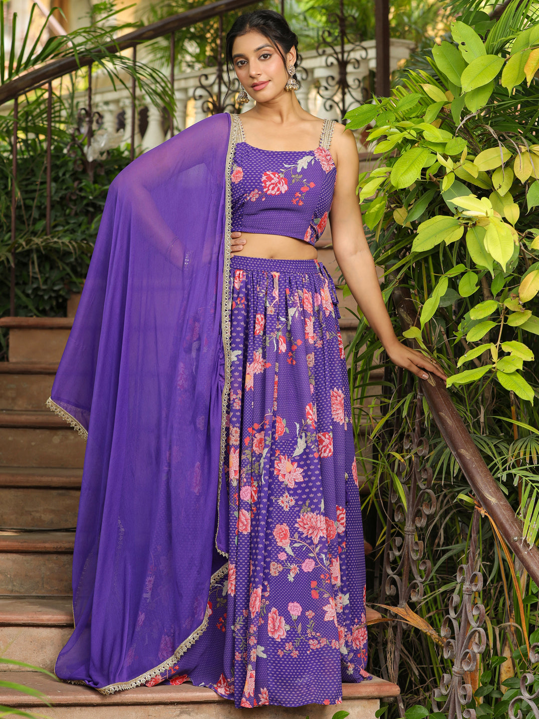 Purple Georgette Floral Printed Gathered Lehenga Choli Set