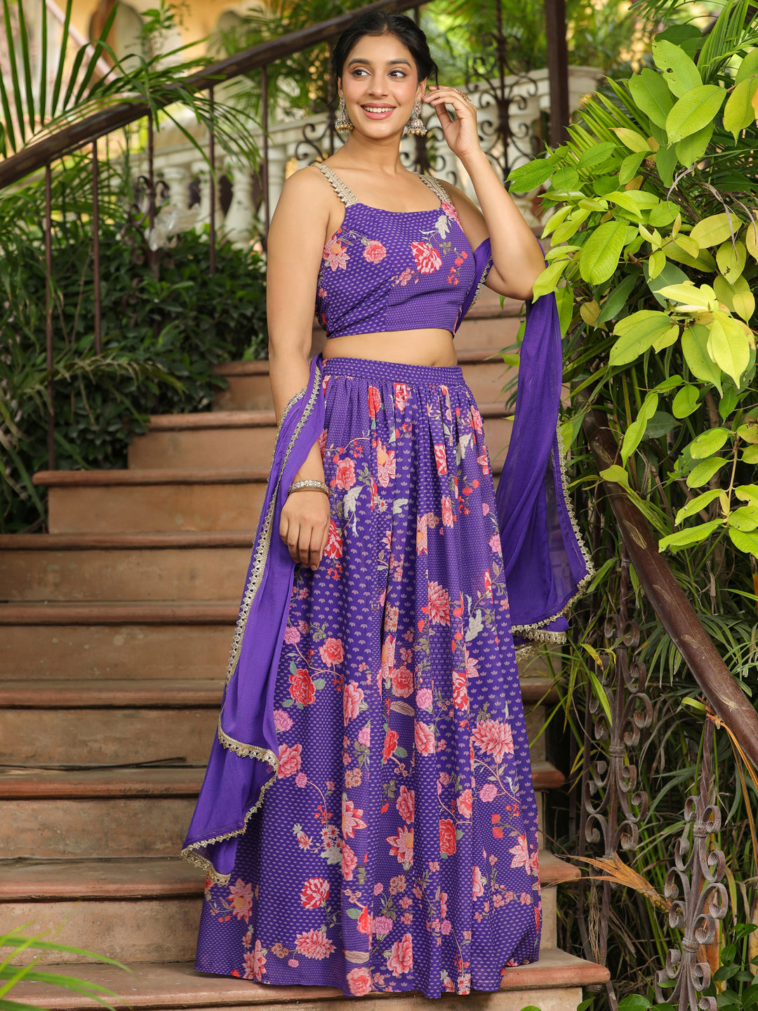 Purple Georgette Floral Printed Gathered Lehenga Choli Set