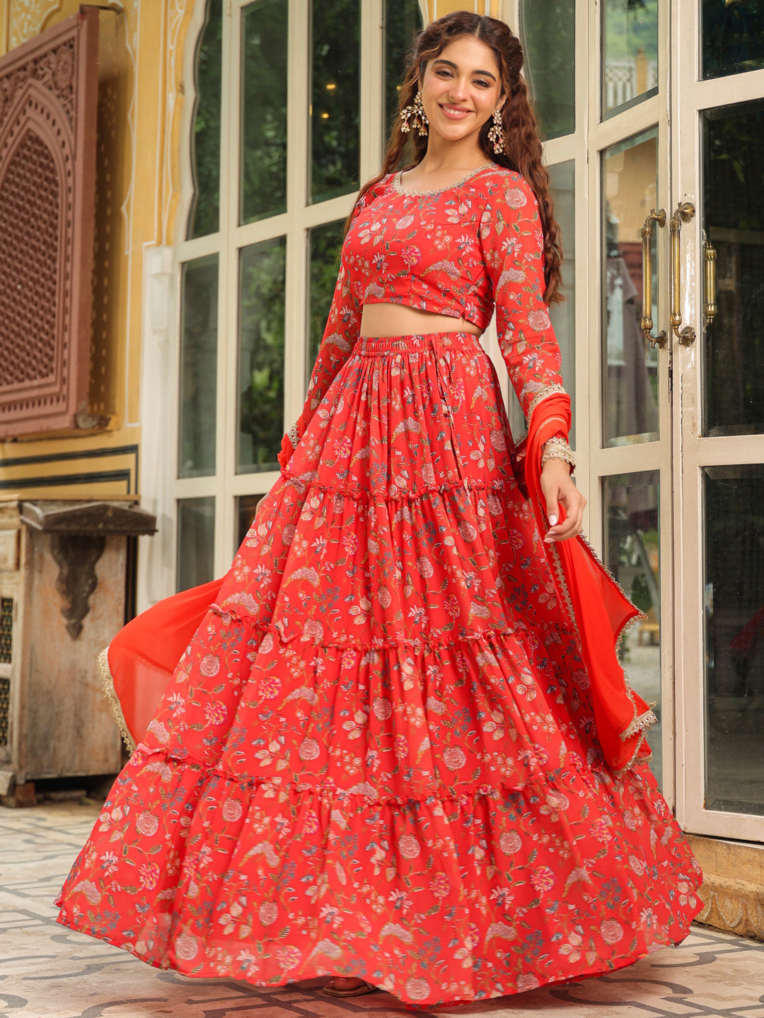 Red Georgette Floral Printed Tiered Lehenga Choli Set