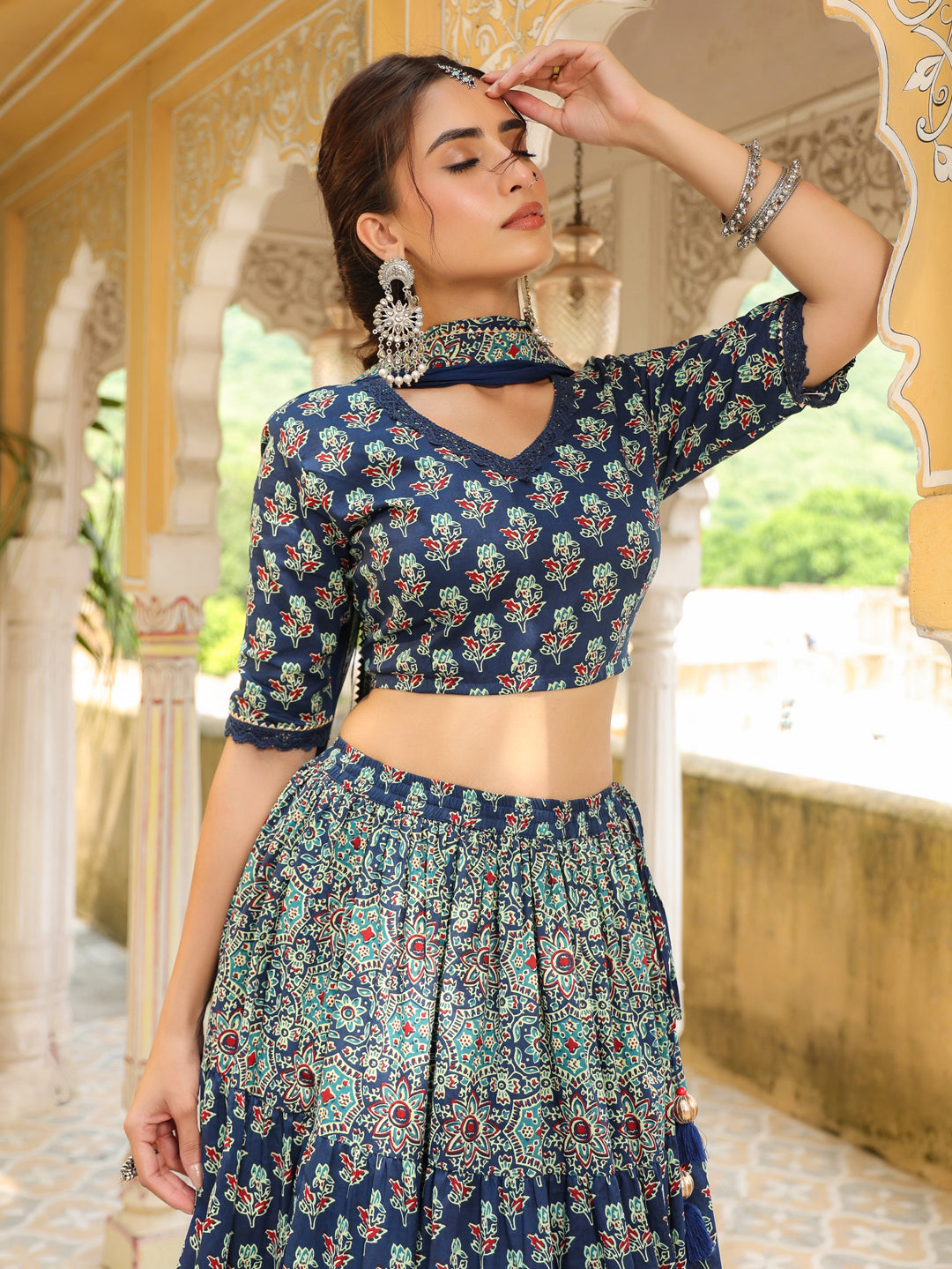 Blue Pure Cotton Ajrakh Printed Tiered Lehenga Choli Set