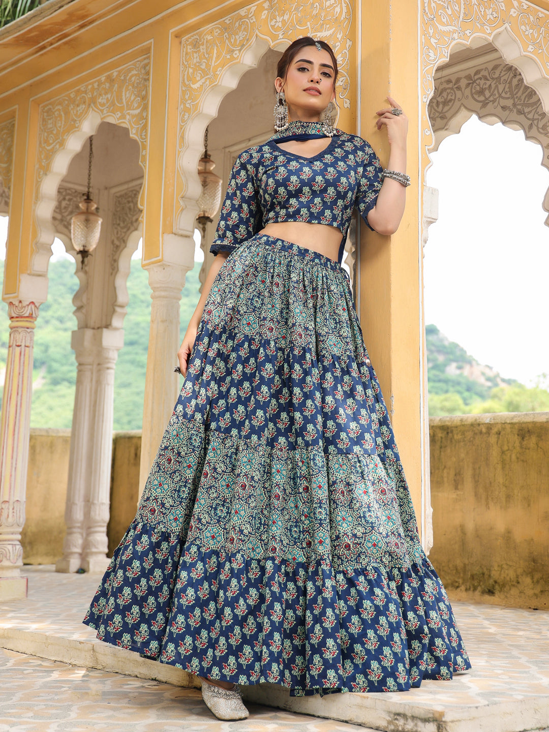 Blue Pure Cotton Ajrakh Printed Tiered Lehenga Choli Set