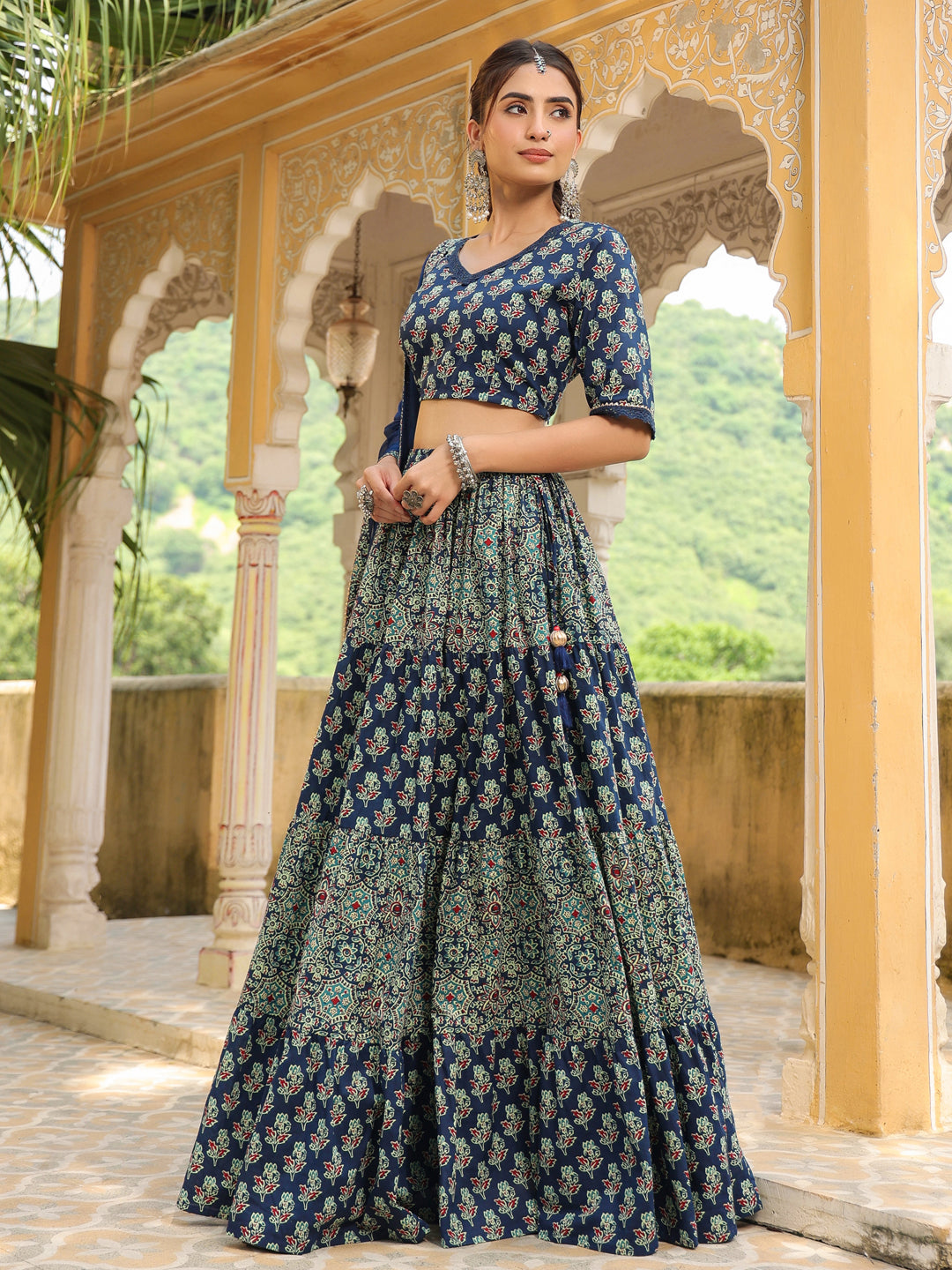 Blue Pure Cotton Ajrakh Printed Tiered Lehenga Choli Set