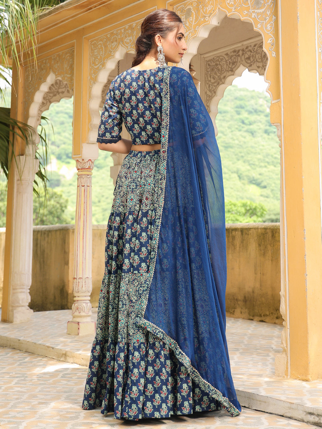 Blue Pure Cotton Ajrakh Printed Tiered Lehenga Choli Set