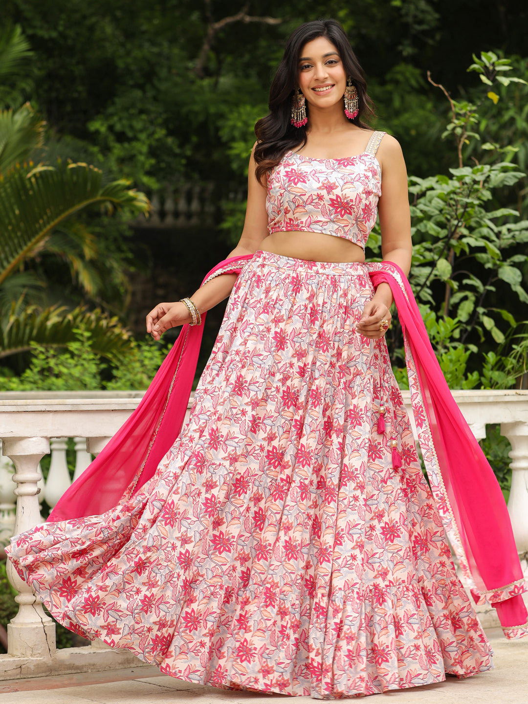 Cream & Pink Pure Cotton Floral Printed Tiered Lehenga Choli Set