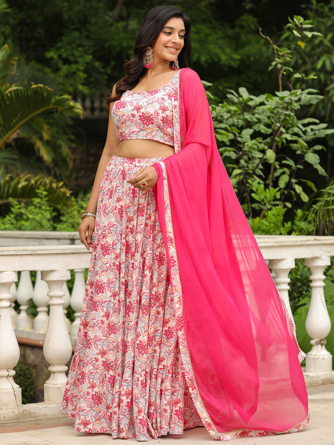 Cream & Pink Pure Cotton Floral Printed Tiered Lehenga Choli Set