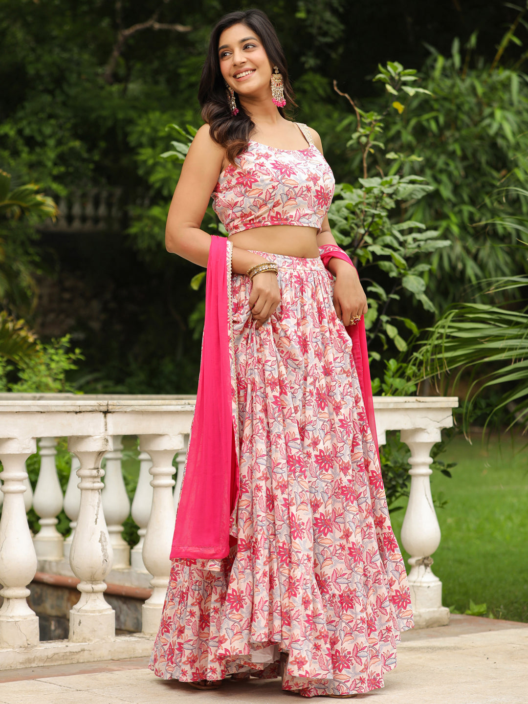 Cream & Pink Pure Cotton Floral Printed Tiered Lehenga Choli Set