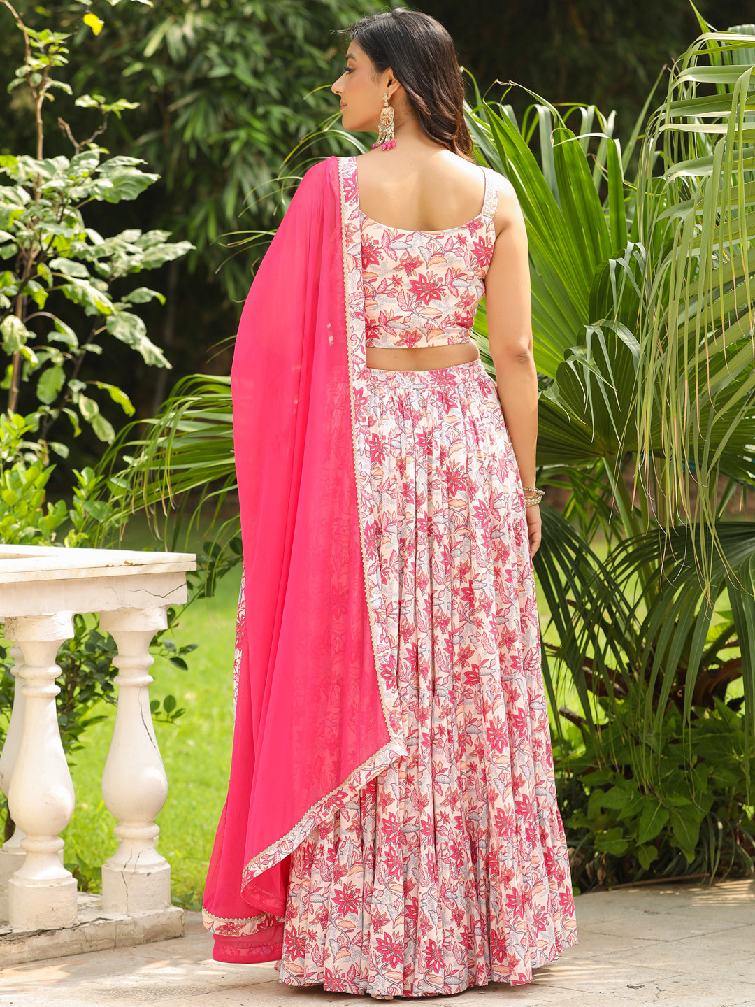 Cream & Pink Pure Cotton Floral Printed Tiered Lehenga Choli Set