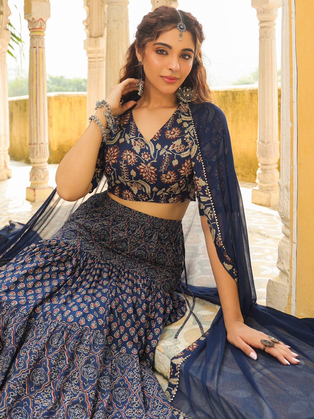 Dark Blue Pure Cotton Ethnic Motifs Printed Tiered Lehenga Choli Set