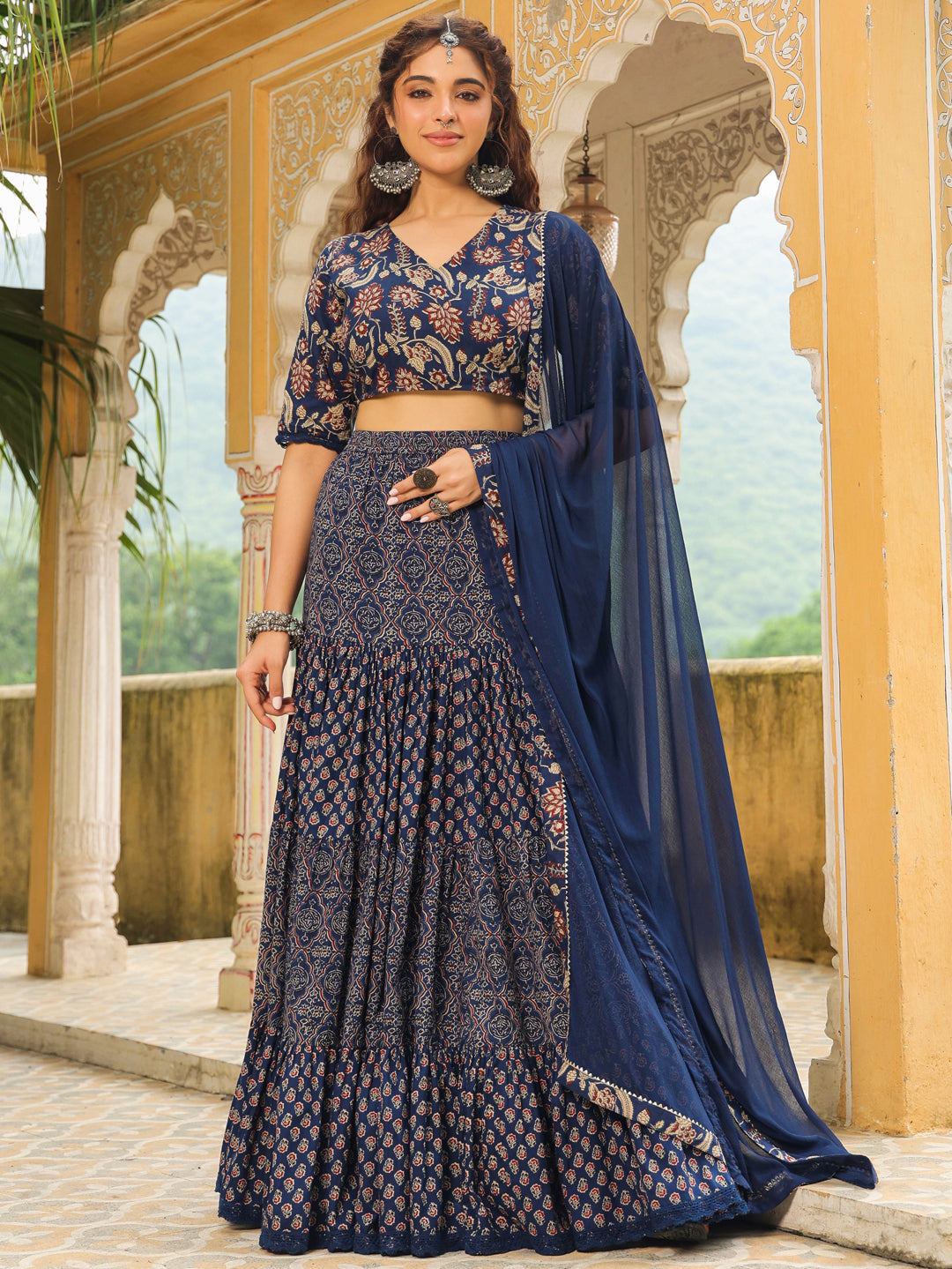 Dark Blue Pure Cotton Ethnic Motifs Printed Tiered Lehenga Choli Set