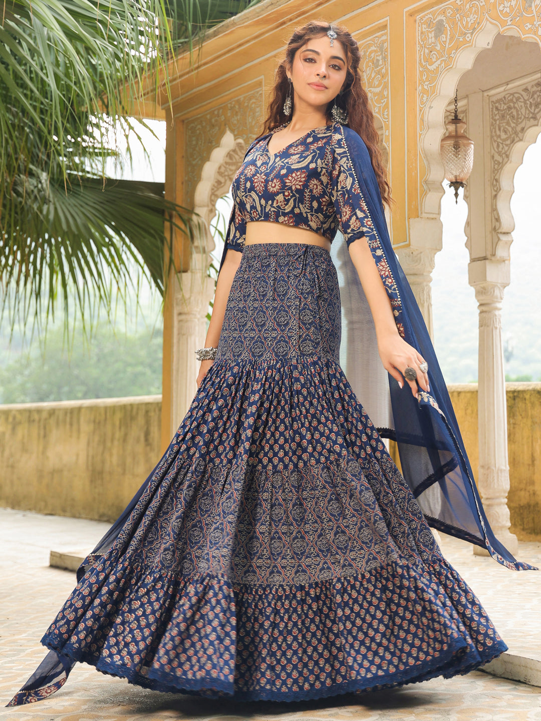 Dark Blue Pure Cotton Ethnic Motifs Printed Tiered Lehenga Choli Set