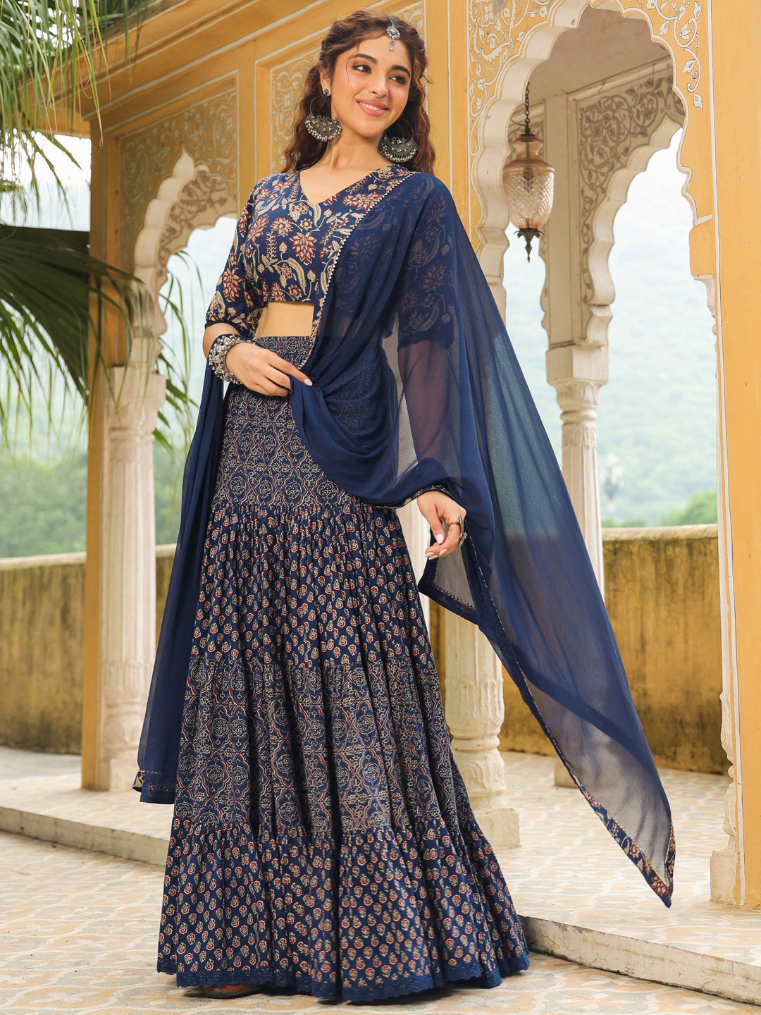 Dark Blue Pure Cotton Ethnic Motifs Printed Tiered Lehenga Choli Set