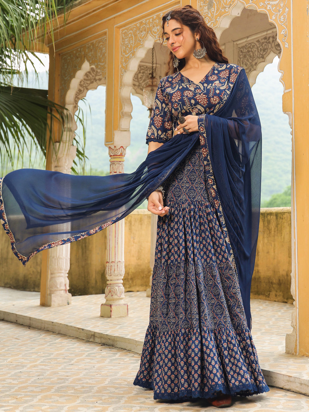 Dark Blue Pure Cotton Ethnic Motifs Printed Tiered Lehenga Choli Set