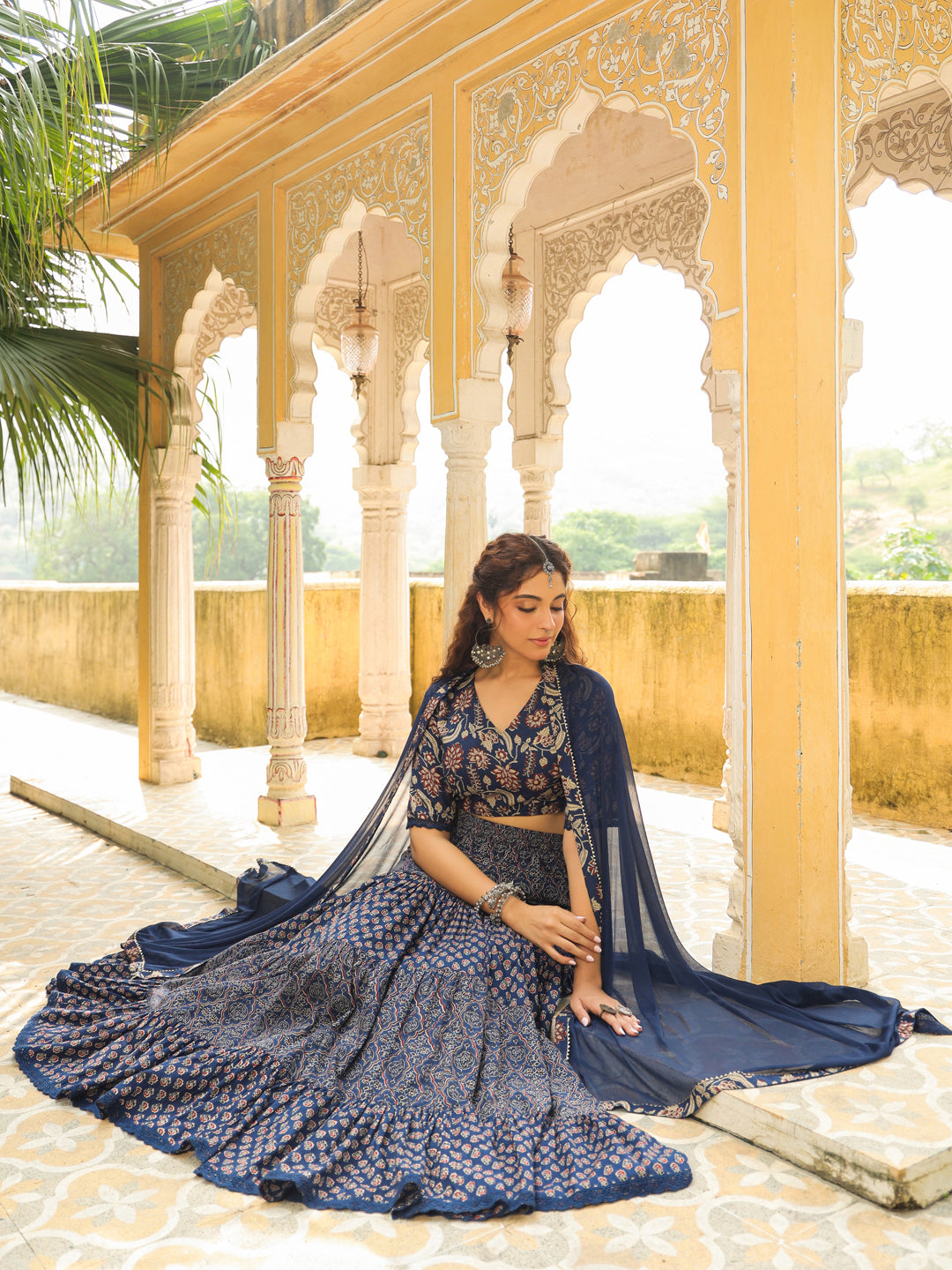 Dark Blue Pure Cotton Ethnic Motifs Printed Tiered Lehenga Choli Set