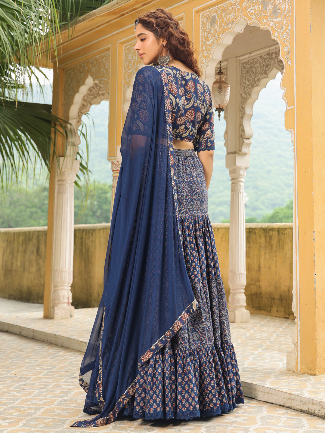 Dark Blue Pure Cotton Ethnic Motifs Printed Tiered Lehenga Choli Set