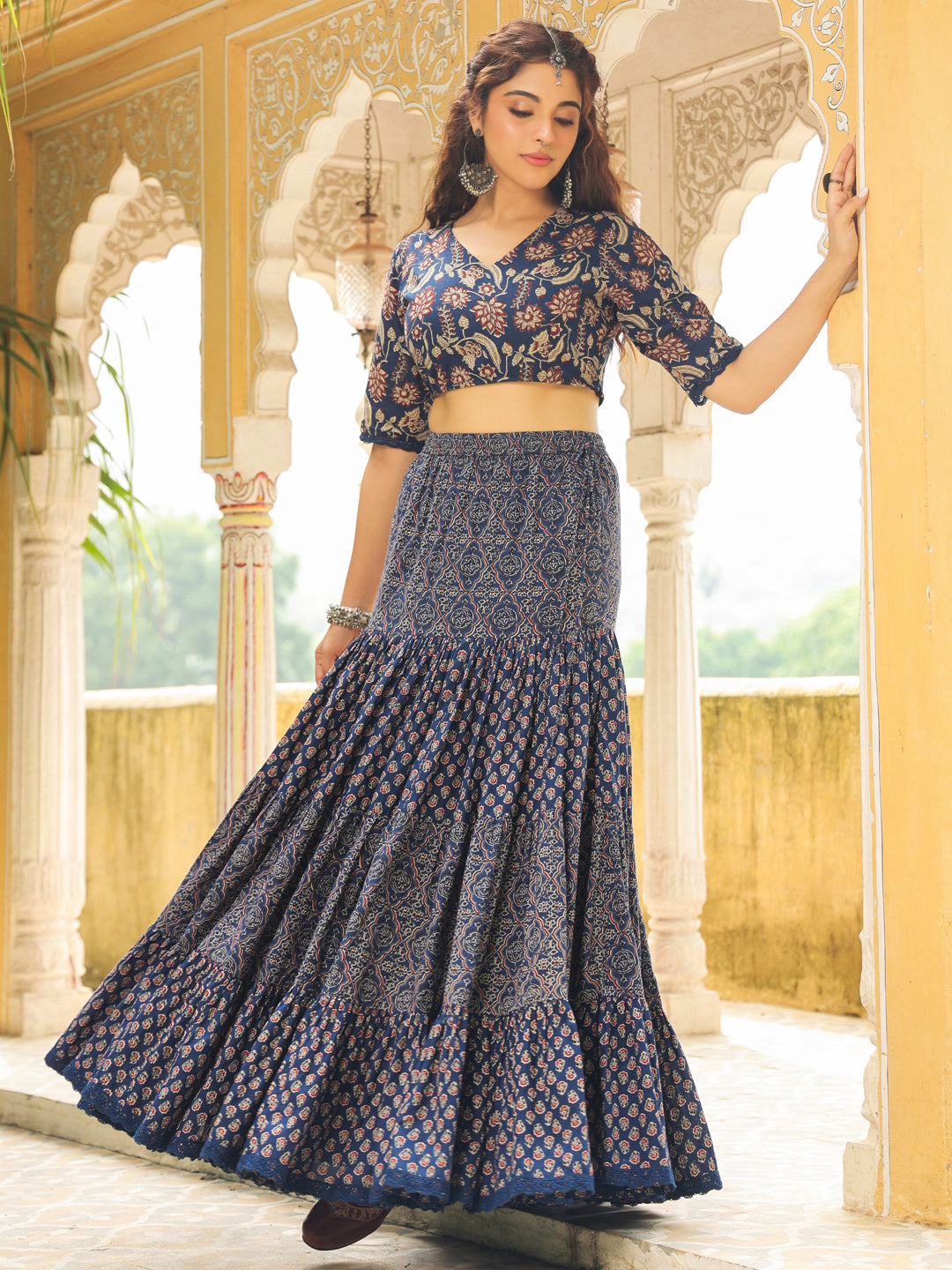 Dark Blue Pure Cotton Ethnic Motifs Printed Tiered Lehenga Choli Set