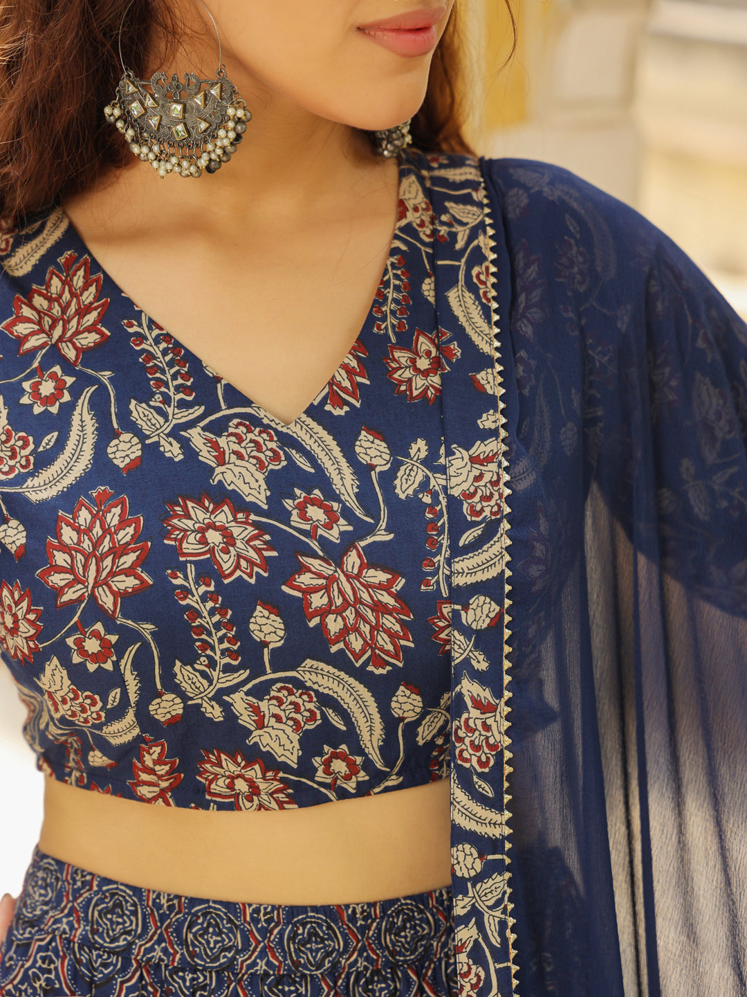 Dark Blue Pure Cotton Ethnic Motifs Printed Tiered Lehenga Choli Set