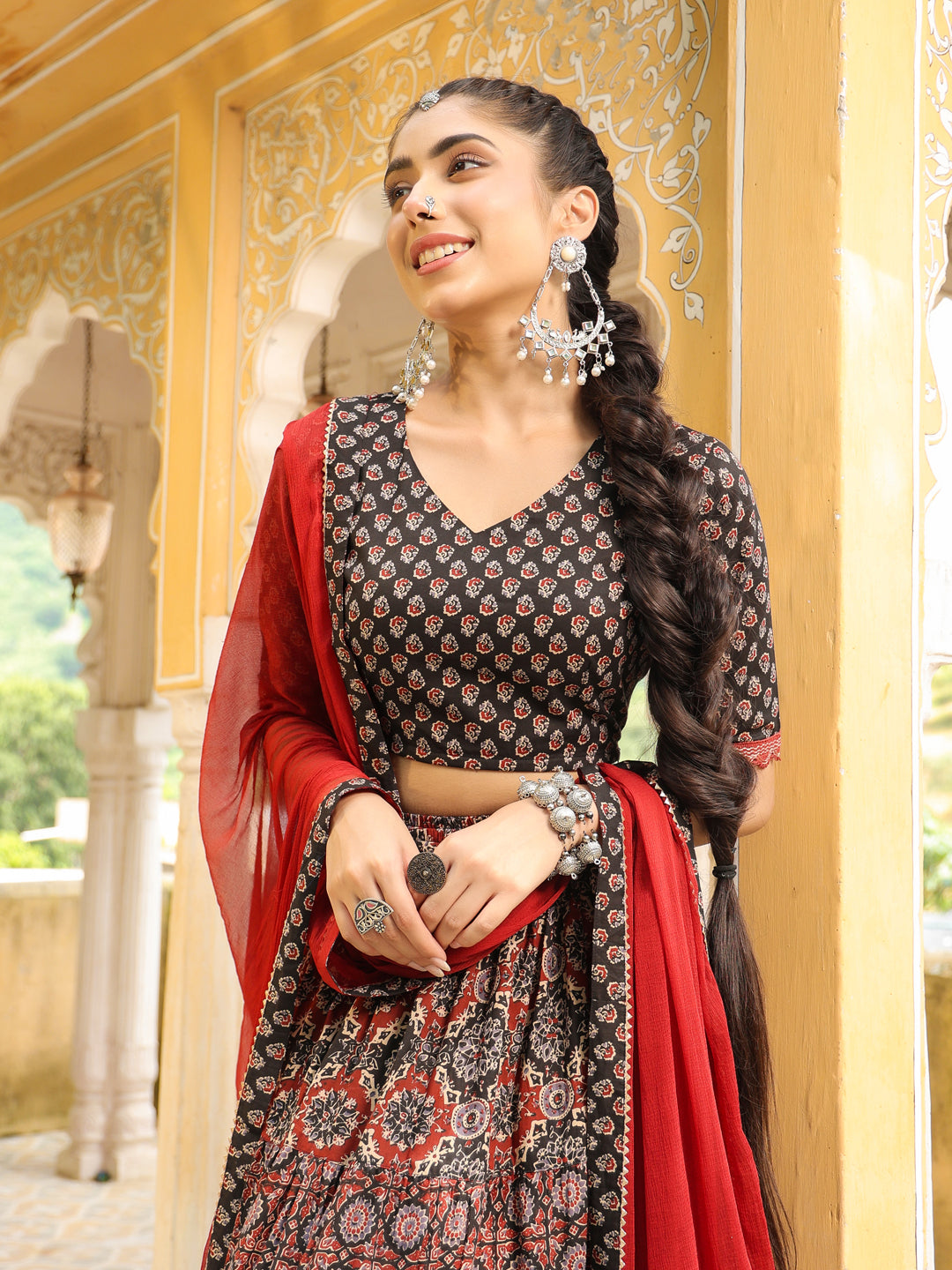 Black & Maroon Pure Cotton Ethnic Motifs Printed Tiered Lehenga Choli Set