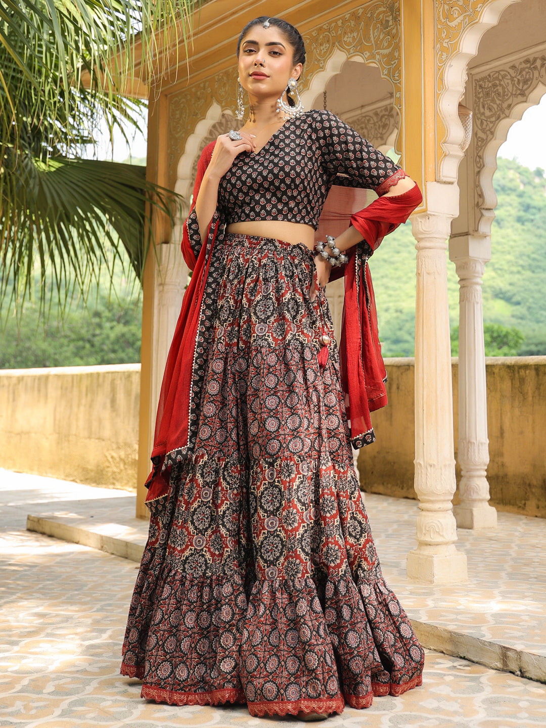 Black & Maroon Pure Cotton Ethnic Motifs Printed Tiered Lehenga Choli Set