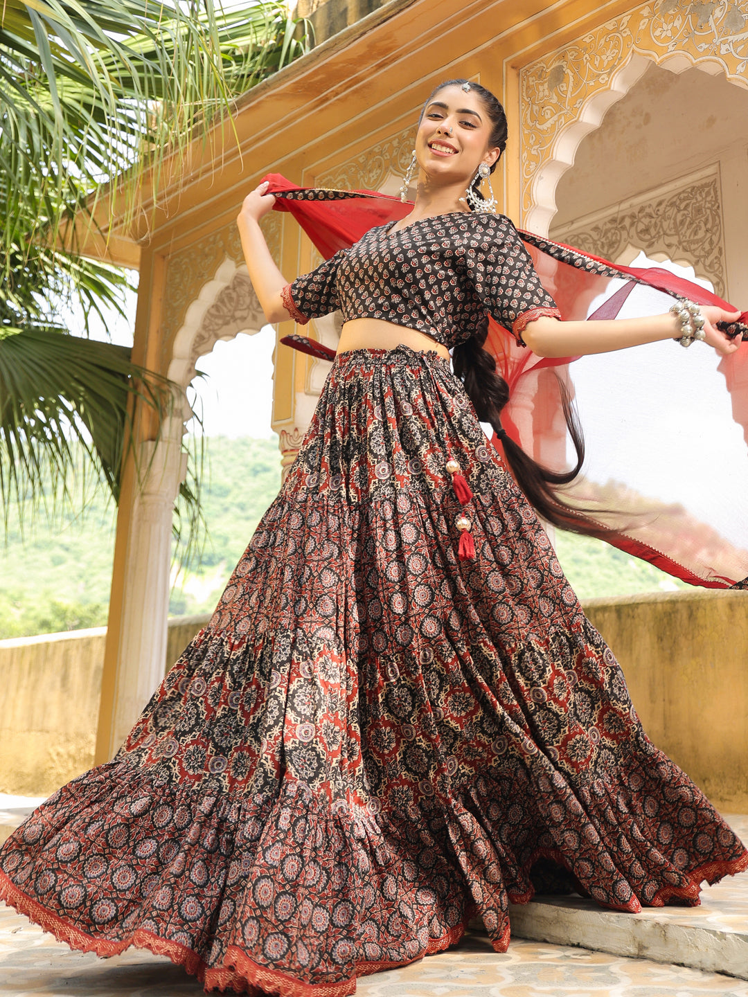 Black & Maroon Pure Cotton Ethnic Motifs Printed Tiered Lehenga Choli Set