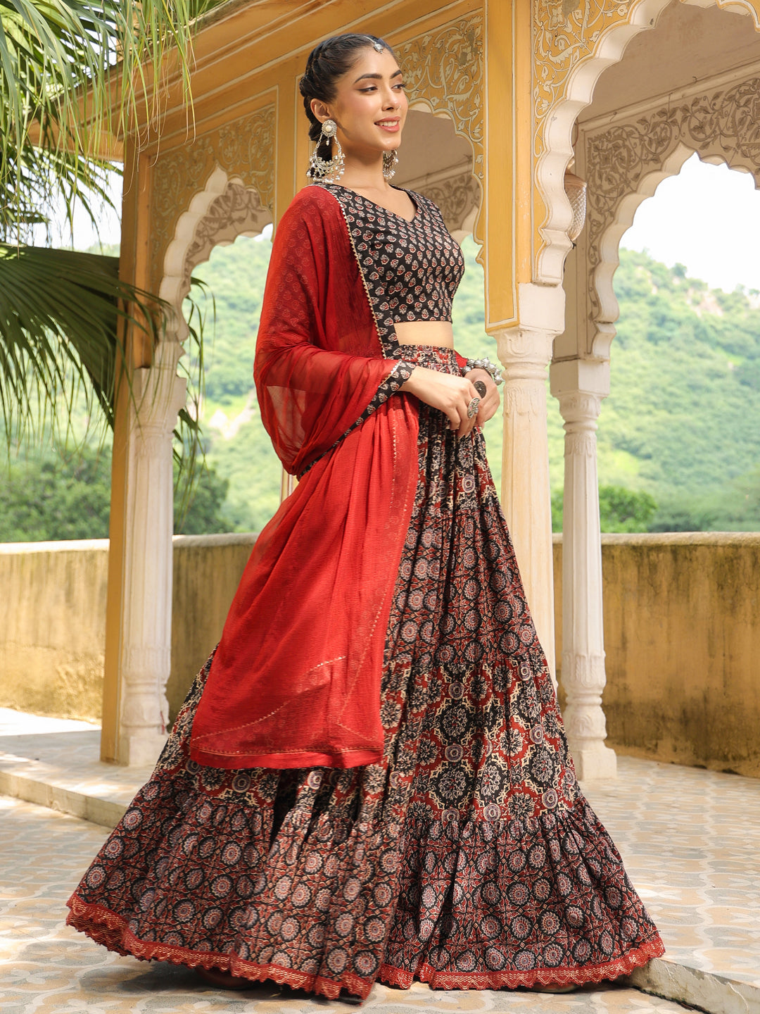 Black & Maroon Pure Cotton Ethnic Motifs Printed Tiered Lehenga Choli Set