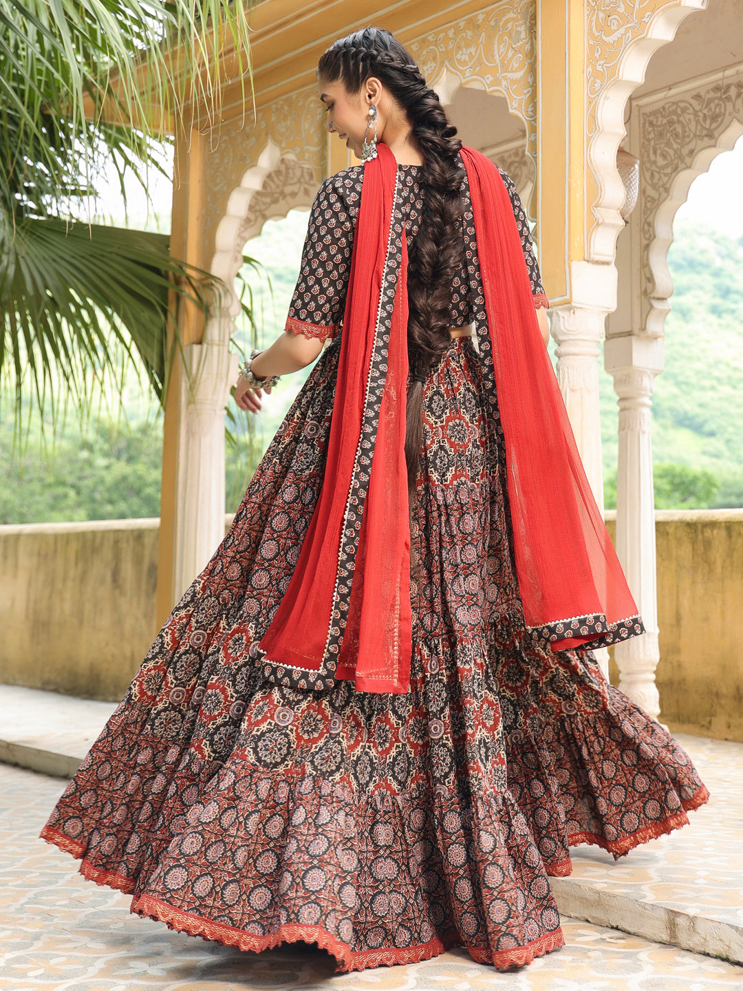 Black & Maroon Pure Cotton Ethnic Motifs Printed Tiered Lehenga Choli Set