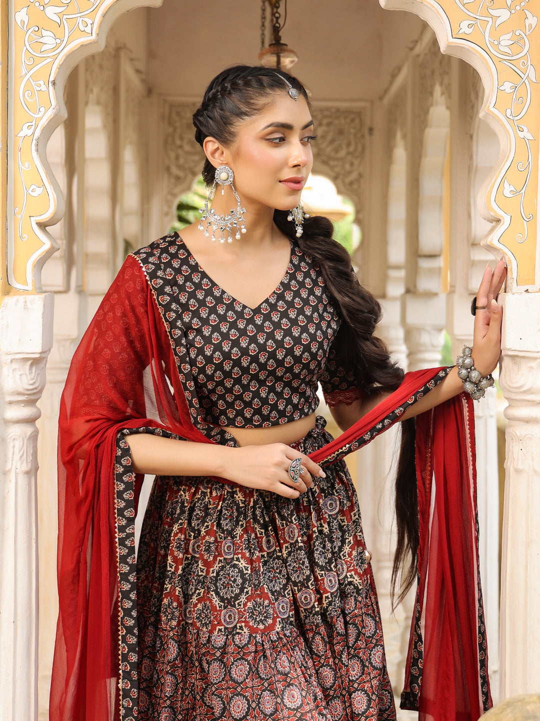 Black & Maroon Pure Cotton Ethnic Motifs Printed Tiered Lehenga Choli Set