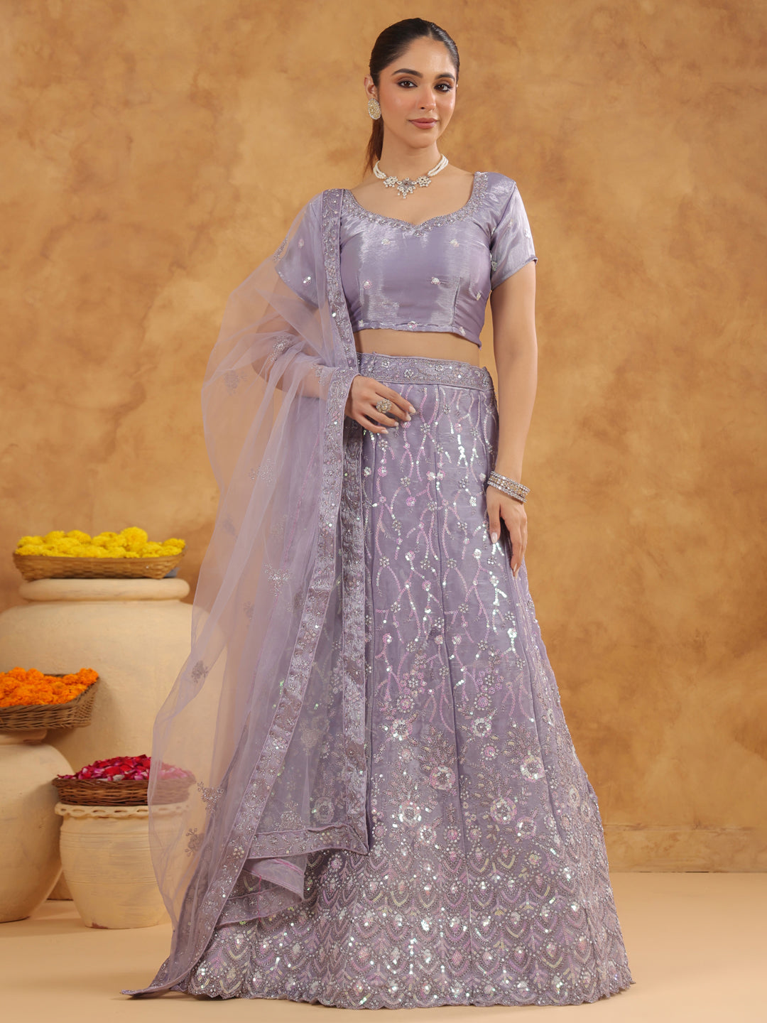 Lavender Organza Embroidered Semi-Stitched Lehenga & Unstitched Choli with Dupatta Set