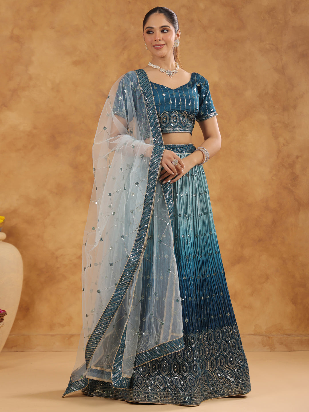 Teal Blue Silk Blend Sequined Semi-Stitched Lehenga & Unstitched Choli with Dupatta Set