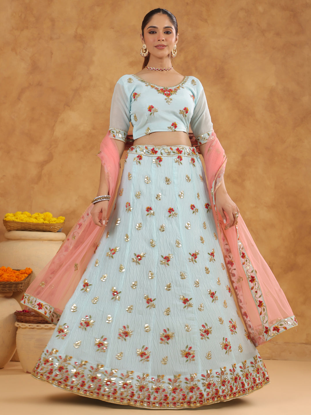 Light Blue Art Silk Zari Embroidered Semi-Stitched Lehenga & Unstitched Choli with Dupatta Set