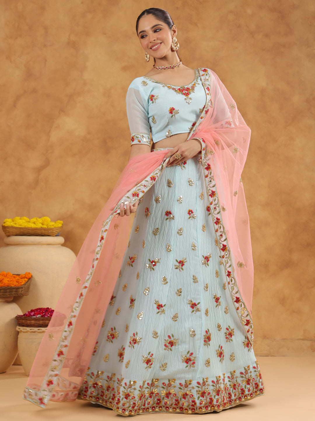 Light Blue Art Silk Zari Embroidered Semi-Stitched Lehenga & Unstitched Choli with Dupatta Set