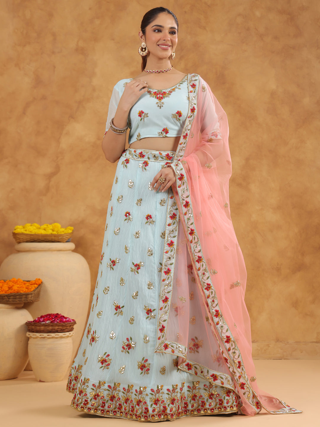 Light Blue Art Silk Zari Embroidered Semi-Stitched Lehenga & Unstitched Choli with Dupatta Set