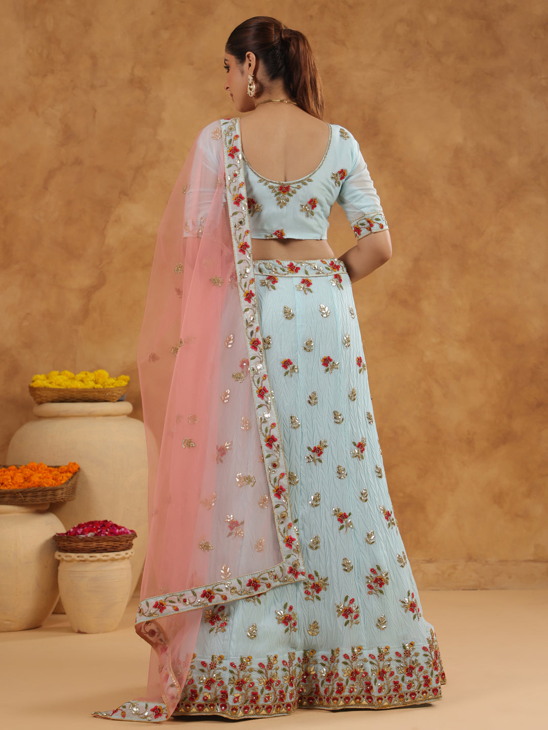 Light Blue Art Silk Zari Embroidered Semi-Stitched Lehenga & Unstitched Choli with Dupatta Set