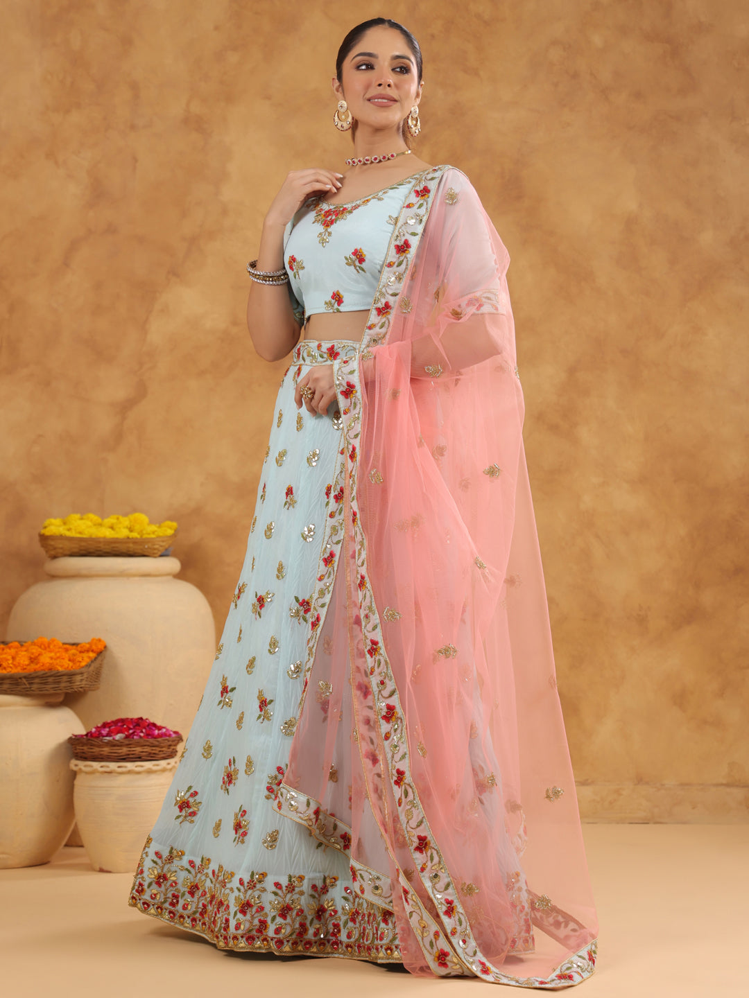 Light Blue Art Silk Zari Embroidered Semi-Stitched Lehenga & Unstitched Choli with Dupatta Set