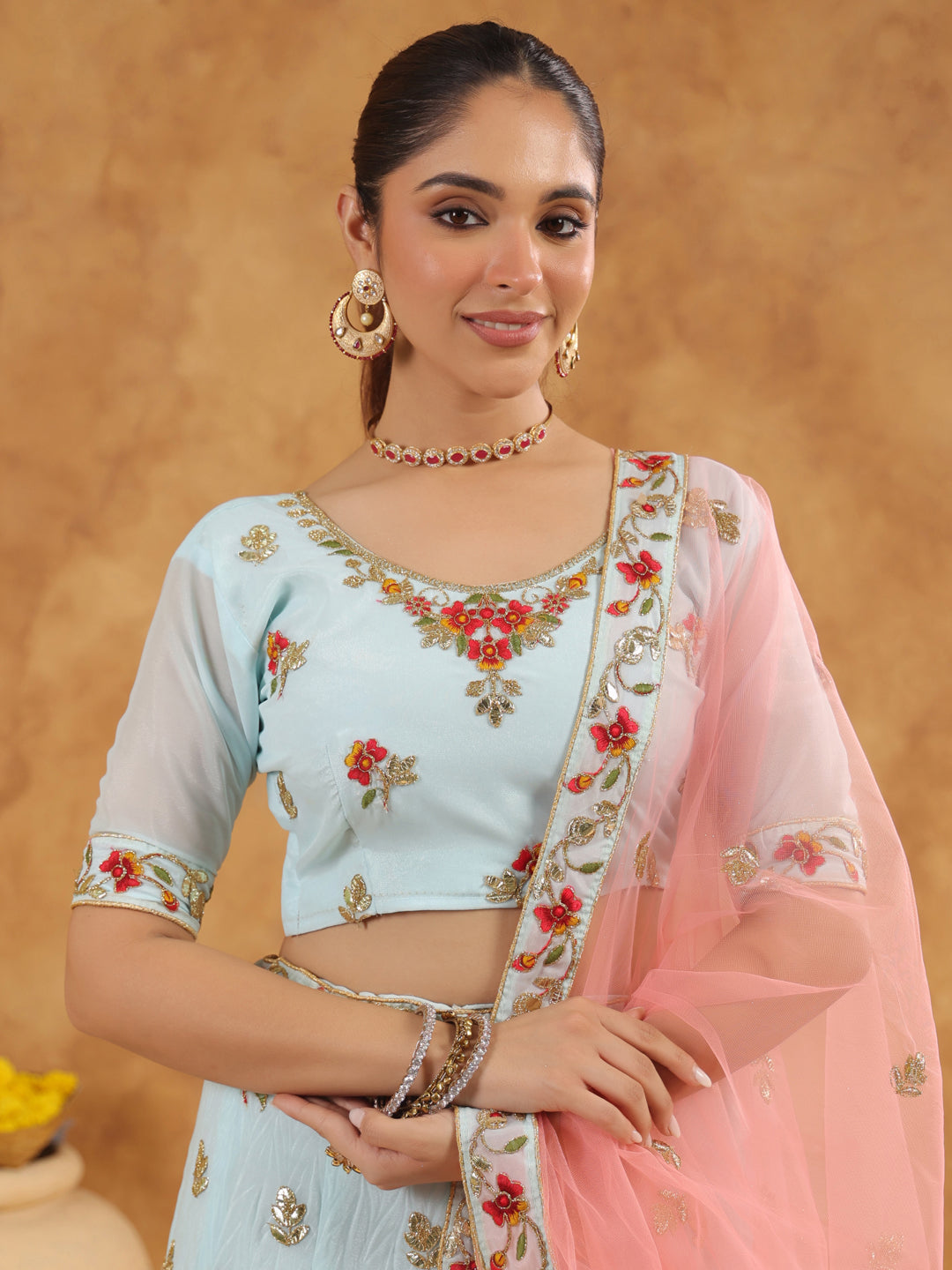 Light Blue Art Silk Zari Embroidered Semi-Stitched Lehenga & Unstitched Choli with Dupatta Set