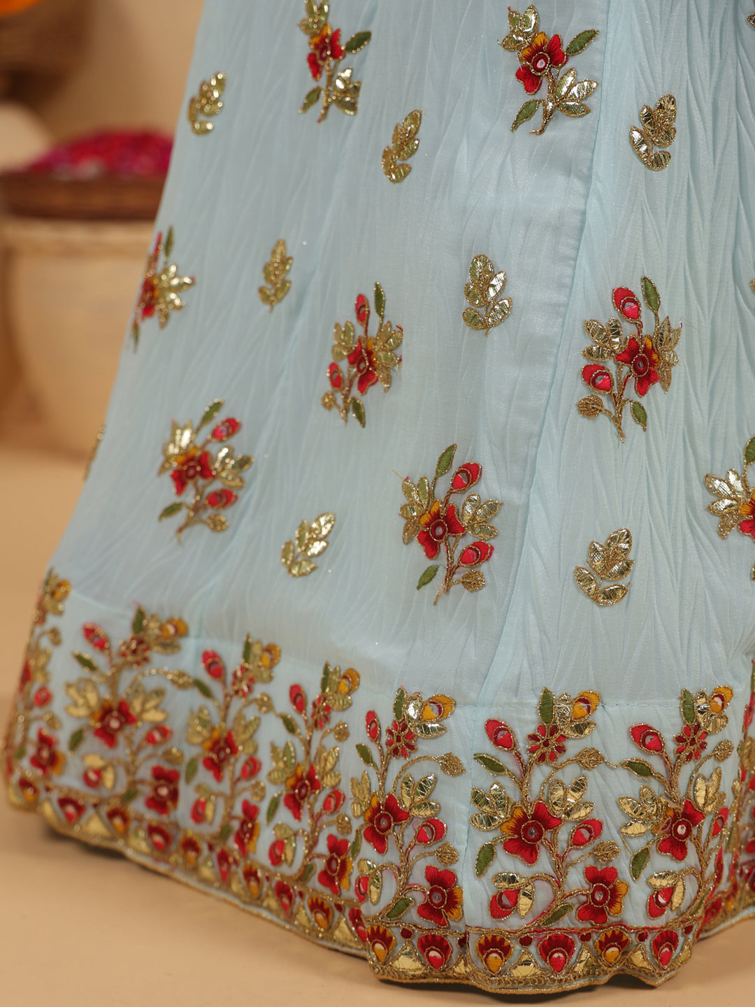 Light Blue Art Silk Zari Embroidered Semi-Stitched Lehenga & Unstitched Choli with Dupatta Set