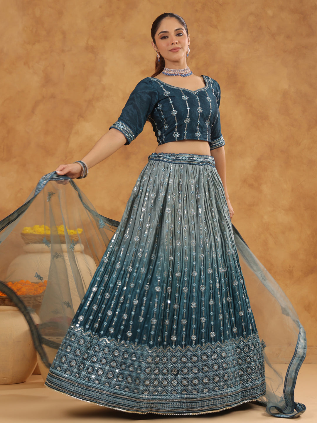 Teal Blue Silk Blend Embroidered Semi-Stitched Lehenga & Unstitched Choli with Dupatta Set