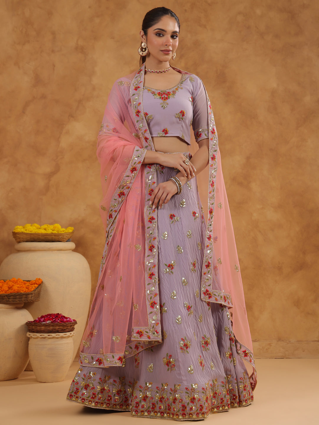 Lavender Art Silk Zari Embroidered Semi-Stitched Lehenga & Unstitched Choli with Dupatta Set