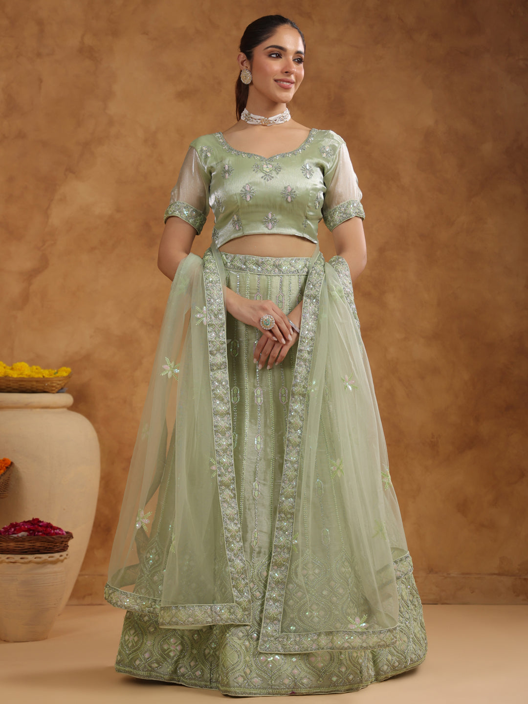 Pista Green Organza Zari Embroidered Semi-Stitched Lehenga & Unstitched Choli with Dupatta Set