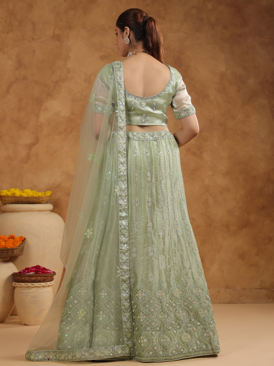 Pista Green Organza Zari Embroidered Semi-Stitched Lehenga & Unstitched Choli with Dupatta Set