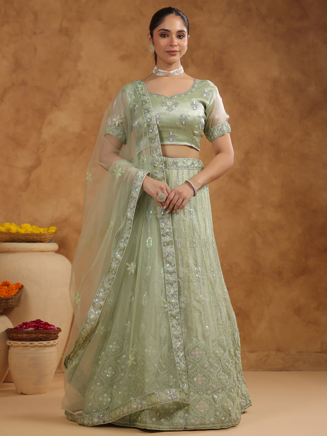 Pista Green Organza Zari Embroidered Semi-Stitched Lehenga & Unstitched Choli with Dupatta Set