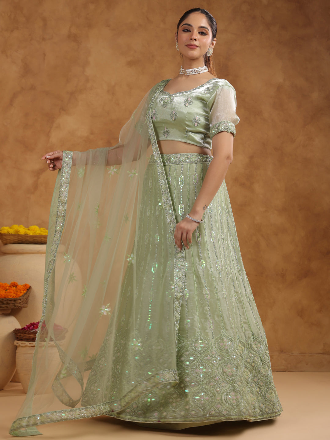 Pista Green Organza Zari Embroidered Semi-Stitched Lehenga & Unstitched Choli with Dupatta Set