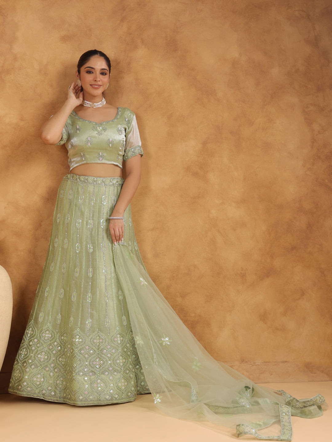 Pista Green Organza Zari Embroidered Semi-Stitched Lehenga & Unstitched Choli with Dupatta Set